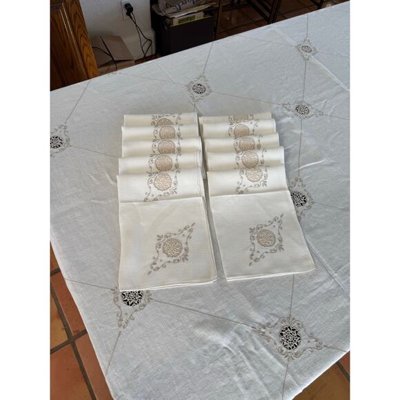 Rare Vintage Italian Ivory Linen Needlelace Tablecloth Set with 12 Napkins - Picture 9 of 9